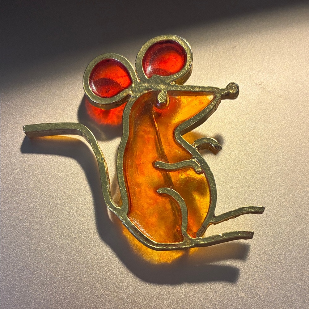Mr We Vintage Gold and Orange Mouse Brooch